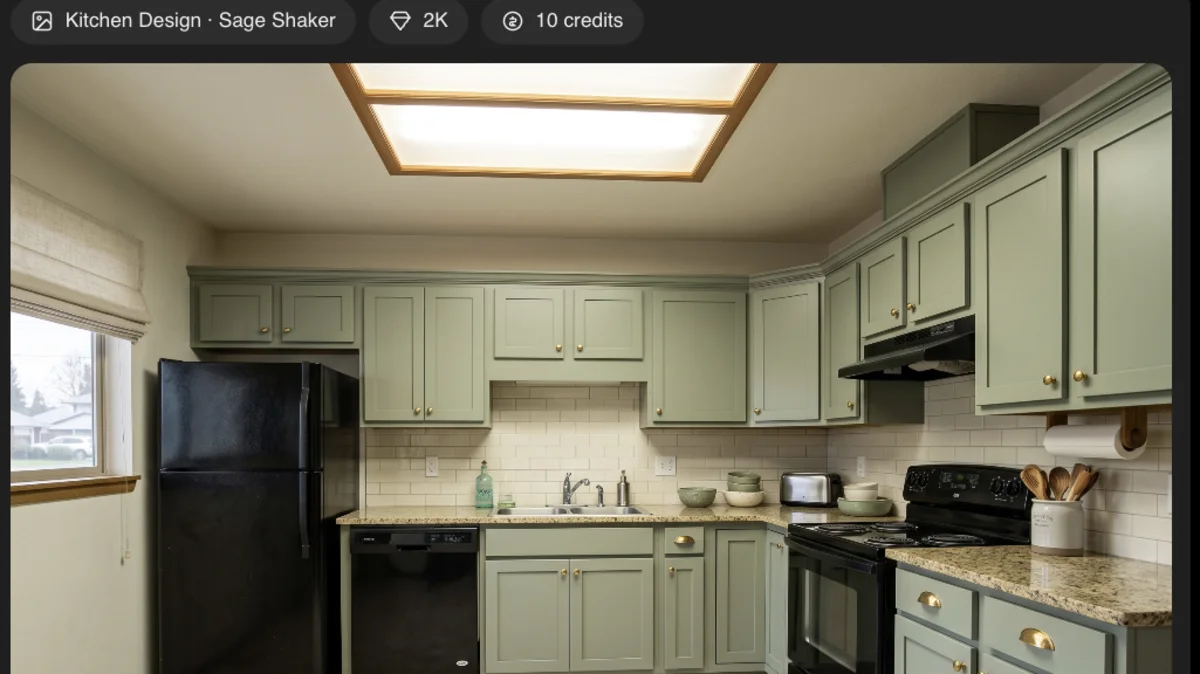The MeltFlex result card inside ChatGPT, labeled Kitchen Design, Sage Shaker, 2K, 10 credits: the same kitchen with sage green shaker cabinets, brass knobs and a white subway tile backsplash, with the same window, ceiling light, granite counters and black appliances