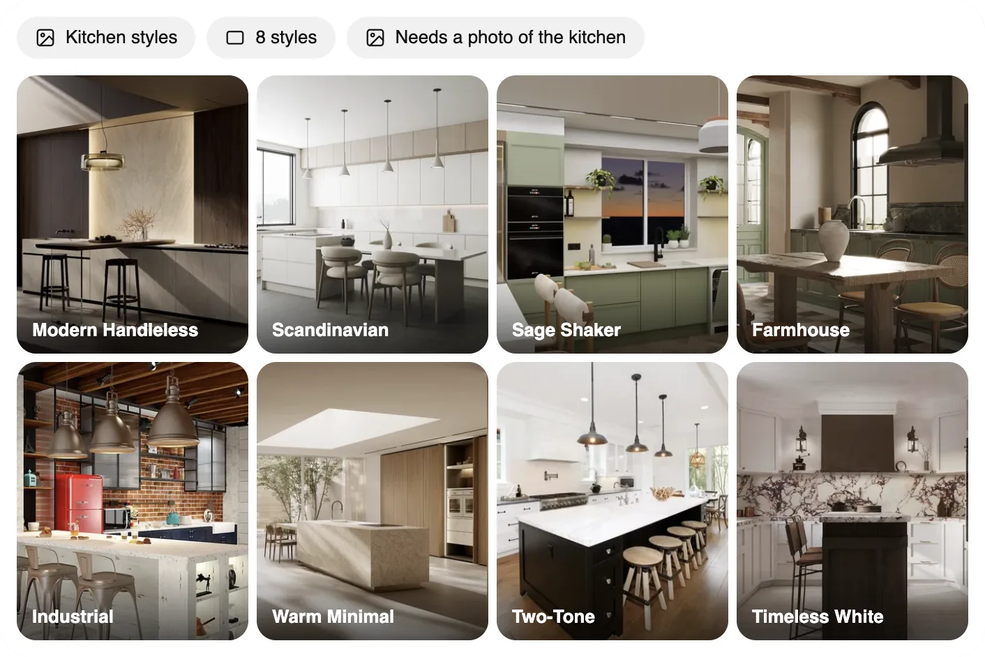 The MeltFlex preset gallery card in ChatGPT showing eight kitchen styles as photo tiles: Modern Handleless, Scandinavian, Sage Shaker, Farmhouse, Industrial, Warm Minimal, Two-Tone and Timeless White, with chips reading Kitchen styles, 8 styles and Needs a photo of the kitchen