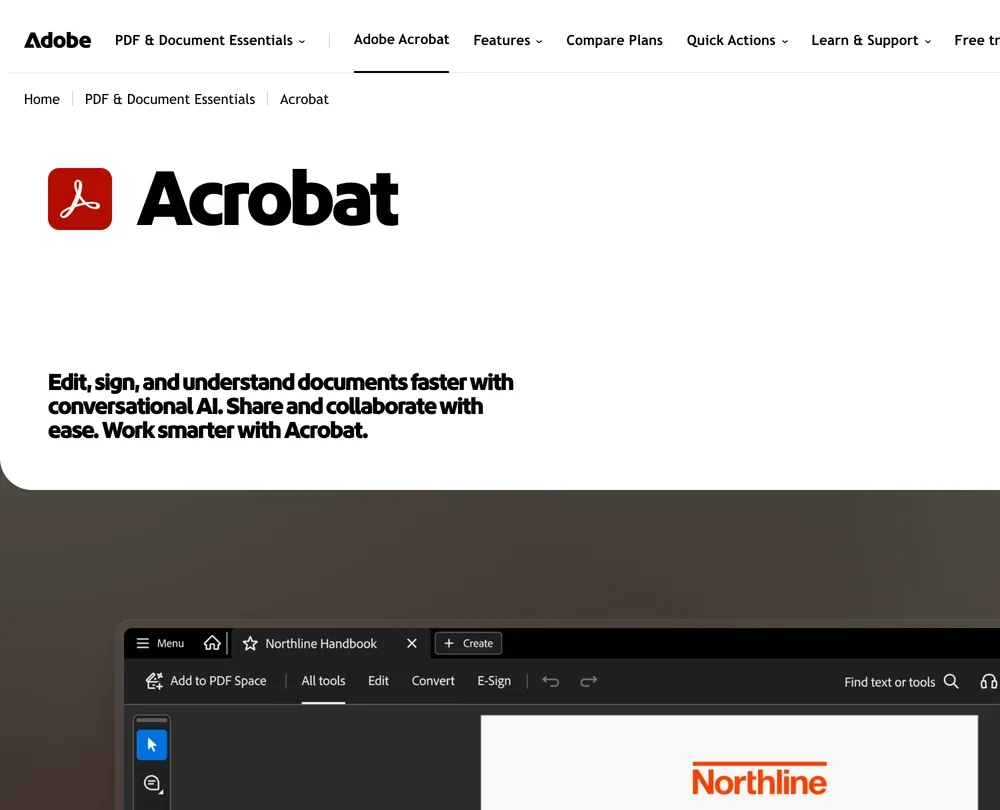 The Adobe Acrobat homepage with the Acrobat logo and the line Edit, sign, and understand documents faster with conversational AI, above a screenshot of the Acrobat app with a document open