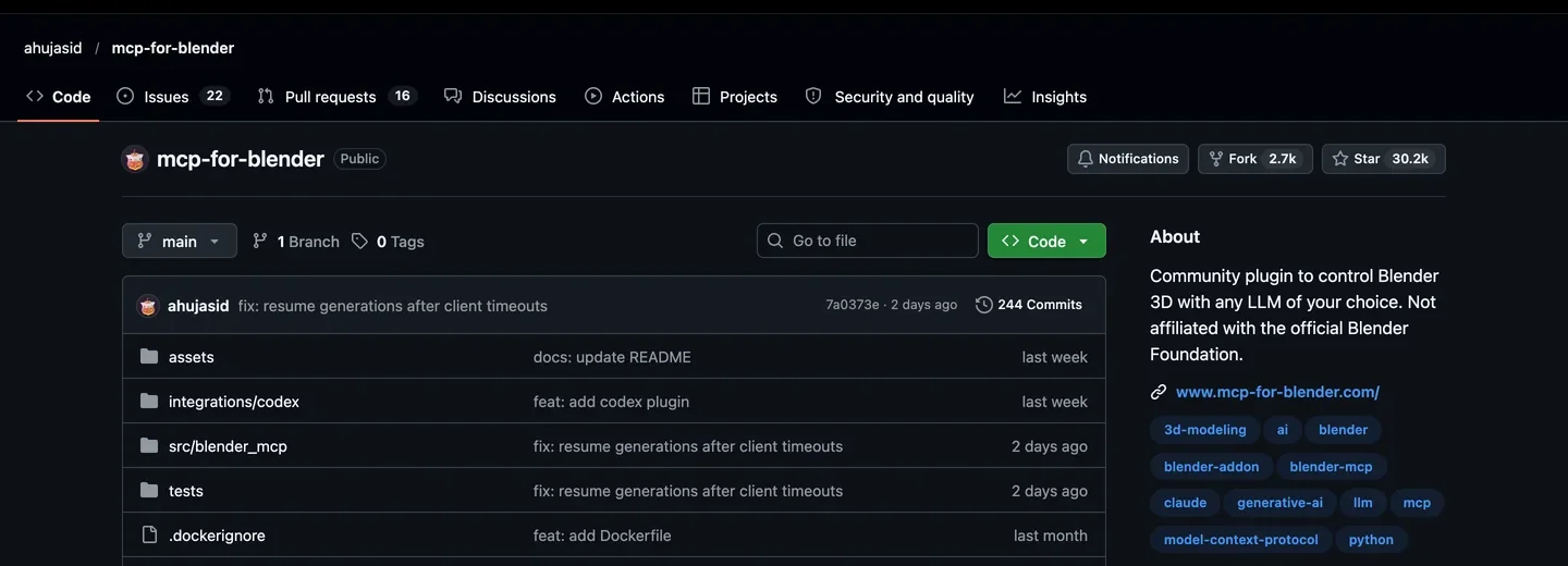 The GitHub repository ahujasid/mcp-for-blender, described as a community plugin to control Blender 3D with any LLM of your choice, with about 30.2k stars