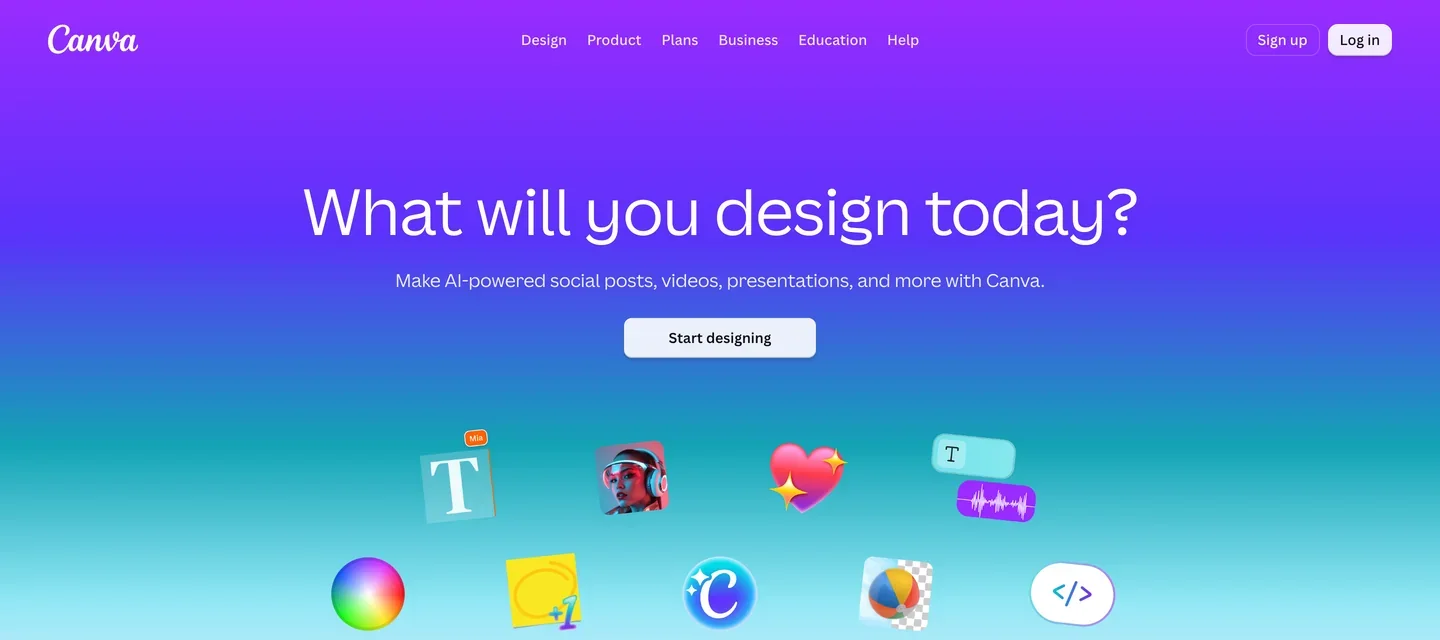 The Canva homepage with the headline What will you design today? and a Start designing button over a purple to blue gradient