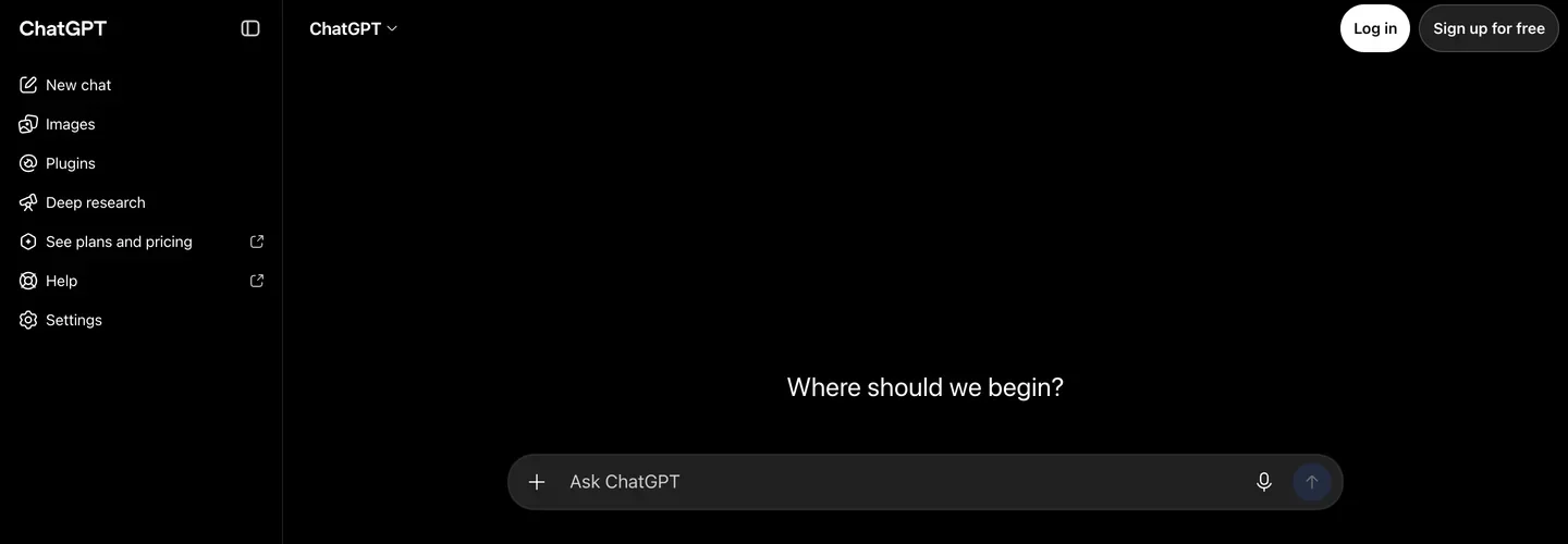 The ChatGPT home screen with the question Where should we begin? and a sidebar listing New chat, Images, Plugins, Deep research, See plans and pricing, Help and Settings