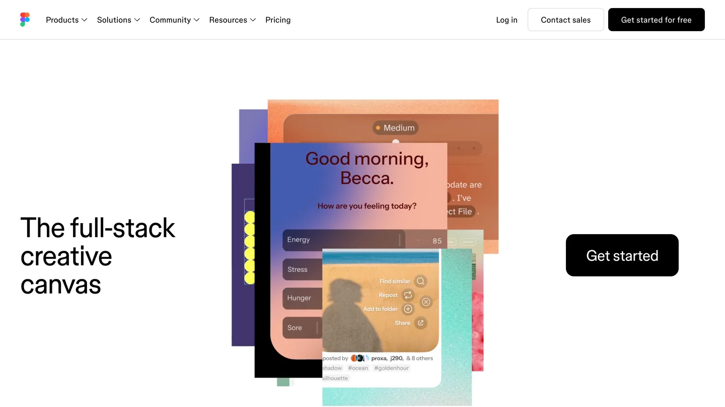 The Figma homepage with the headline The full-stack creative canvas and a Get started button next to a stack of colorful app mockups