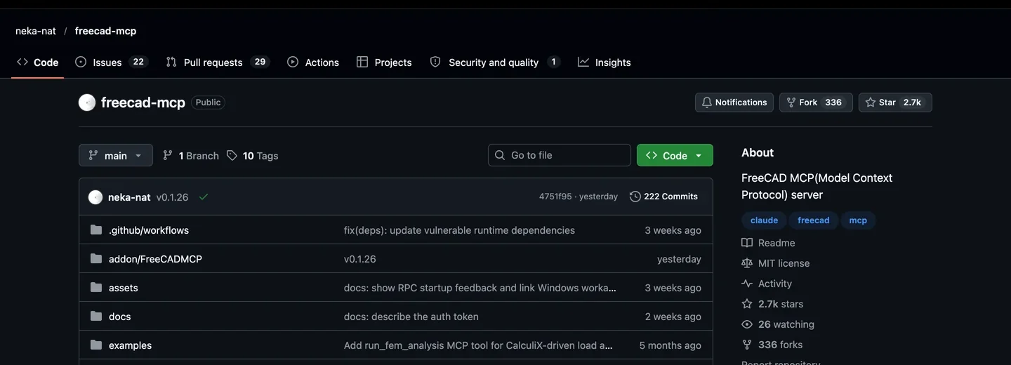 The GitHub repository neka-nat/freecad-mcp, a FreeCAD MCP (Model Context Protocol) server, with about 2.7k stars