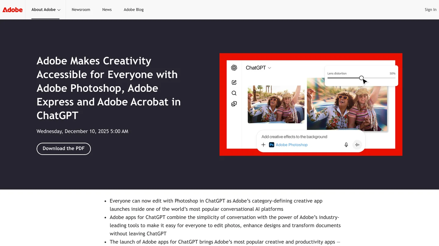 Adobe newsroom page dated December 10, 2025 titled Adobe Makes Creativity Accessible for Everyone with Adobe Photoshop, Adobe Express and Adobe Acrobat in ChatGPT, with an illustration of a ChatGPT window editing a photo with a lens distortion slider and the prompt Add creative effects to the background