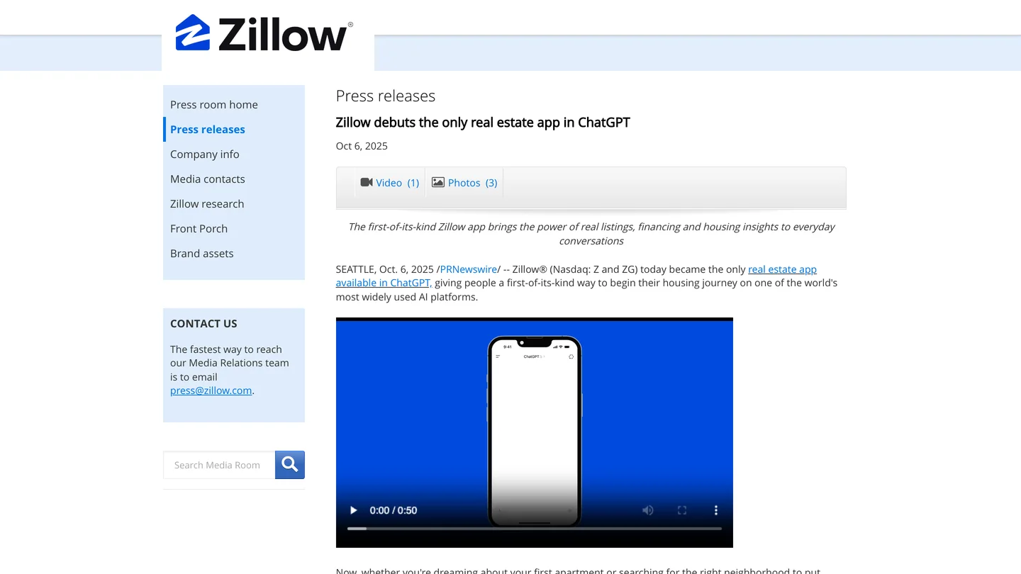 Zillow press release page dated October 6, 2025 titled Zillow debuts the only real estate app in ChatGPT, with a video of the app on a phone