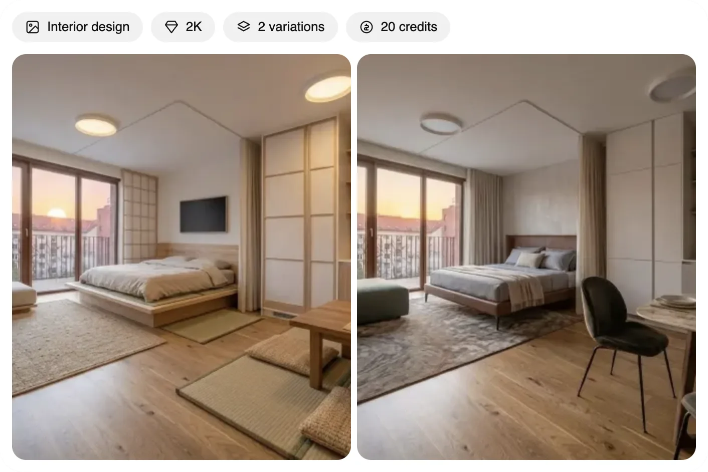 A MeltFlex card in ChatGPT with two variations of the same bedroom side by side: on the left a Japanese style room with a low platform bed, tatami mats and shoji closet doors, on the right a modern Italian take with an upholstered bed and a black lounge chair, both keeping the same balcony door, sunset view and oak floor; chips read Interior design, 2K, 2 variations, 20 credits