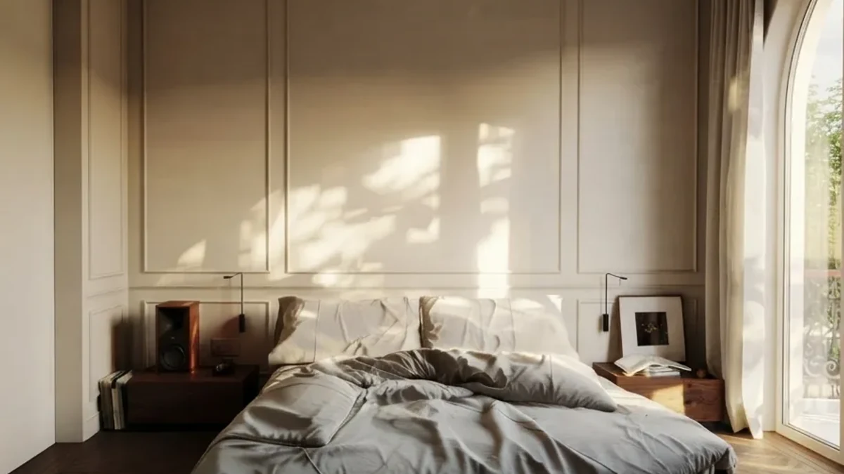Calm bedroom design idea: a low bed with grey linen bedding against cream panelled walls, slim wall reading lights and soft morning light from an arched window