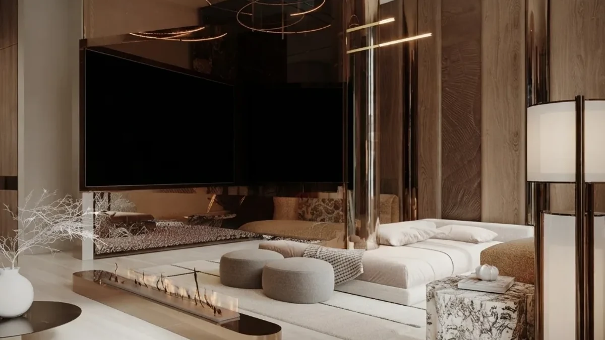 Dark luxury TV lounge design idea: a low cream sofa and poufs facing a wall-mounted TV above a linear fireplace, bronze mirrored ceiling detail and warm concealed lighting