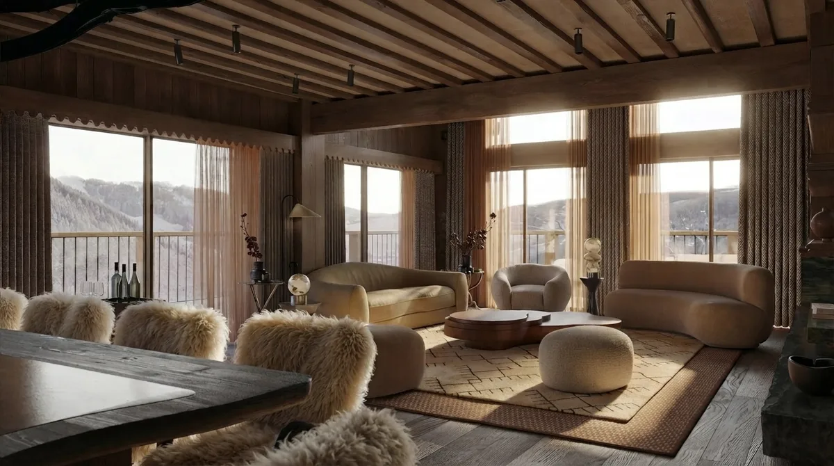 Warm alpine chalet living room designed with AI: curved cream sofas and sheepskin dining chairs under a timber ceiling, floor-to-ceiling mountain-view windows with sheer curtains and low afternoon sun
