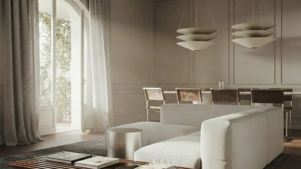 Bright panelled living and dining room designed with AI: a white modular sofa in the foreground, leather and steel dining chairs behind it, sculptural tiered pendant lights and sheer curtains at an arched balcony door