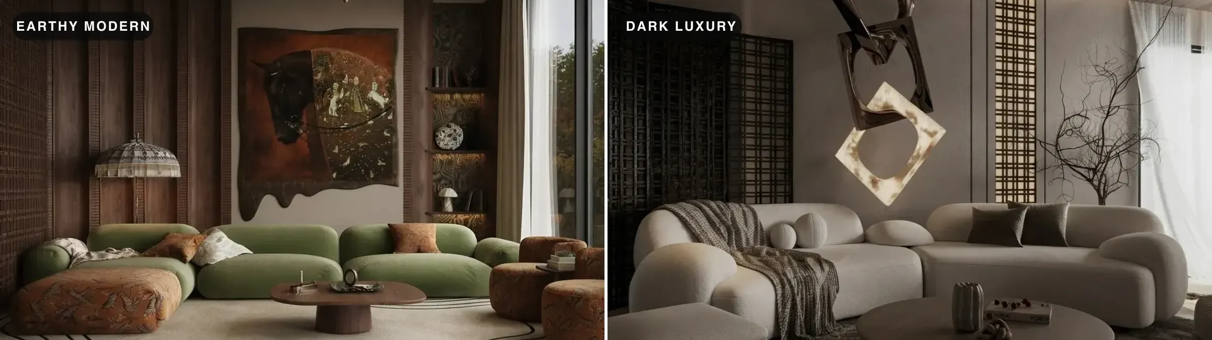 Two AI-designed living rooms side by side: an earthy modern room with a moss green modular sofa, rust cushions and a horse artwork on the left, and a dark luxury room with a curved cream boucle sofa, sculptural alabaster mobile and bronze screens on the right