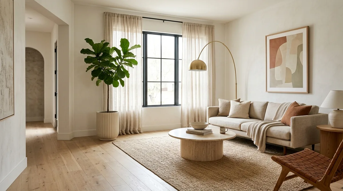 A photorealistic living room redesign returned by MeltFlex MCP inside Claude Code: the same real room with its original window kept, restyled in warm minimalist style with a low linen sofa, light oak floor, round travertine table and a large jute rug in soft daylight
