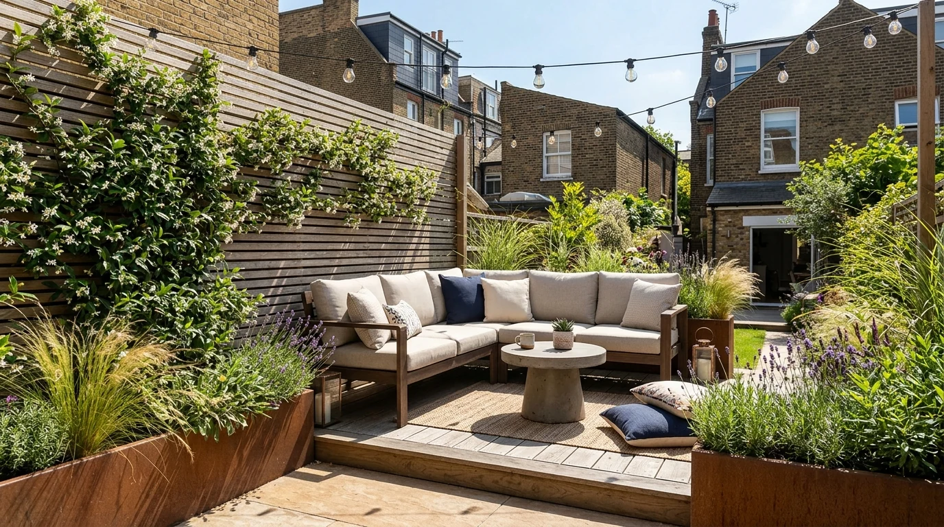 A small urban garden terrace designed as an outdoor room with an oak deck, outdoor sofa, corten planters with grasses and lavender, and festoon lights, planned with Claude and rendered in MeltFlex
