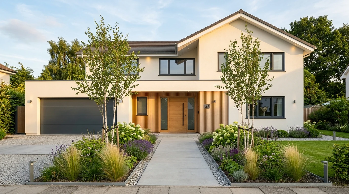 A contemporary house exterior after a curb appeal makeover with warm white render, wood slat entrance, anthracite windows, and structured front garden, planned with Claude and rendered in MeltFlex
