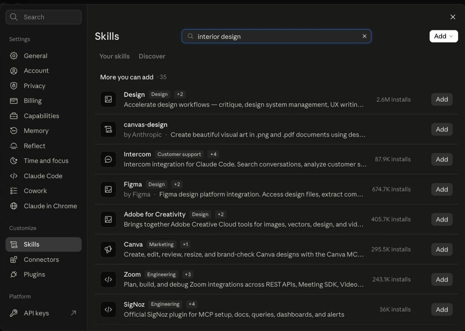 The Skills panel inside claude.ai with Discover selected and the query interior design typed into the search box, returning 35 results that are all software and marketing skills: Design, canvas-design, Intercom, Figma, Adobe for Creativity, Canva, Zoom and SigNoz