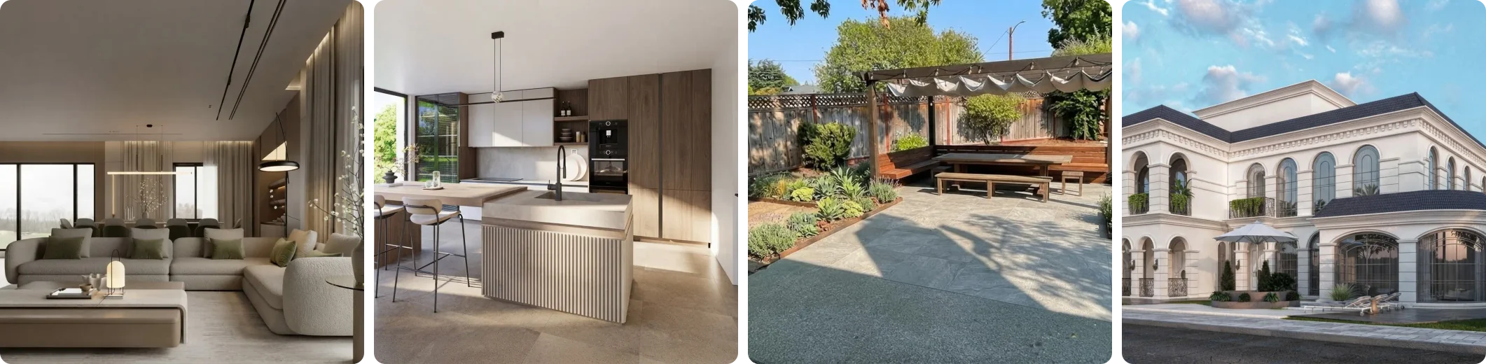 Four rooms produced by the MeltFlex design skill: a neutral living room with a boucle sectional, a kitchen with a fluted stone island and walnut cabinetry, a backyard with a pergola, deck seating and planted borders, and a white neoclassical villa facade