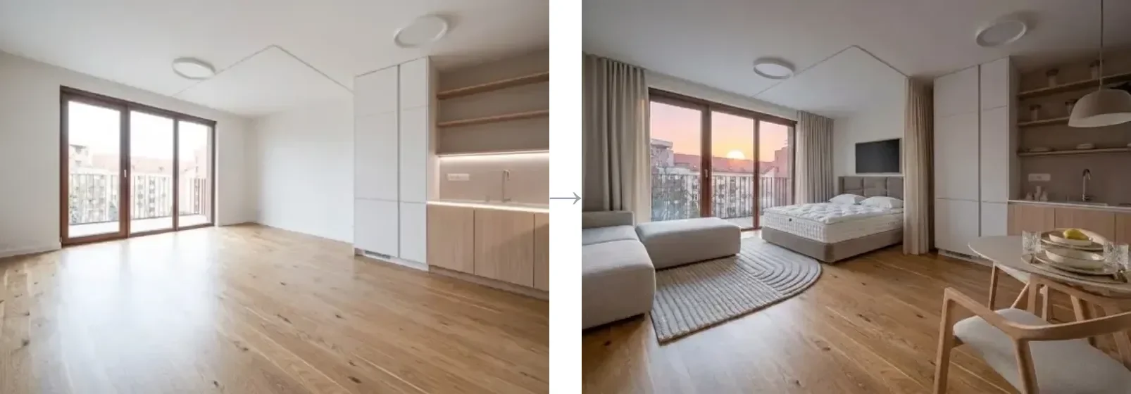 What a generative Claude skill returns: an empty apartment photo on the left and the same room fully furnished on the right, produced by one call to the MeltFlex generate endpoint from inside a Claude conversation