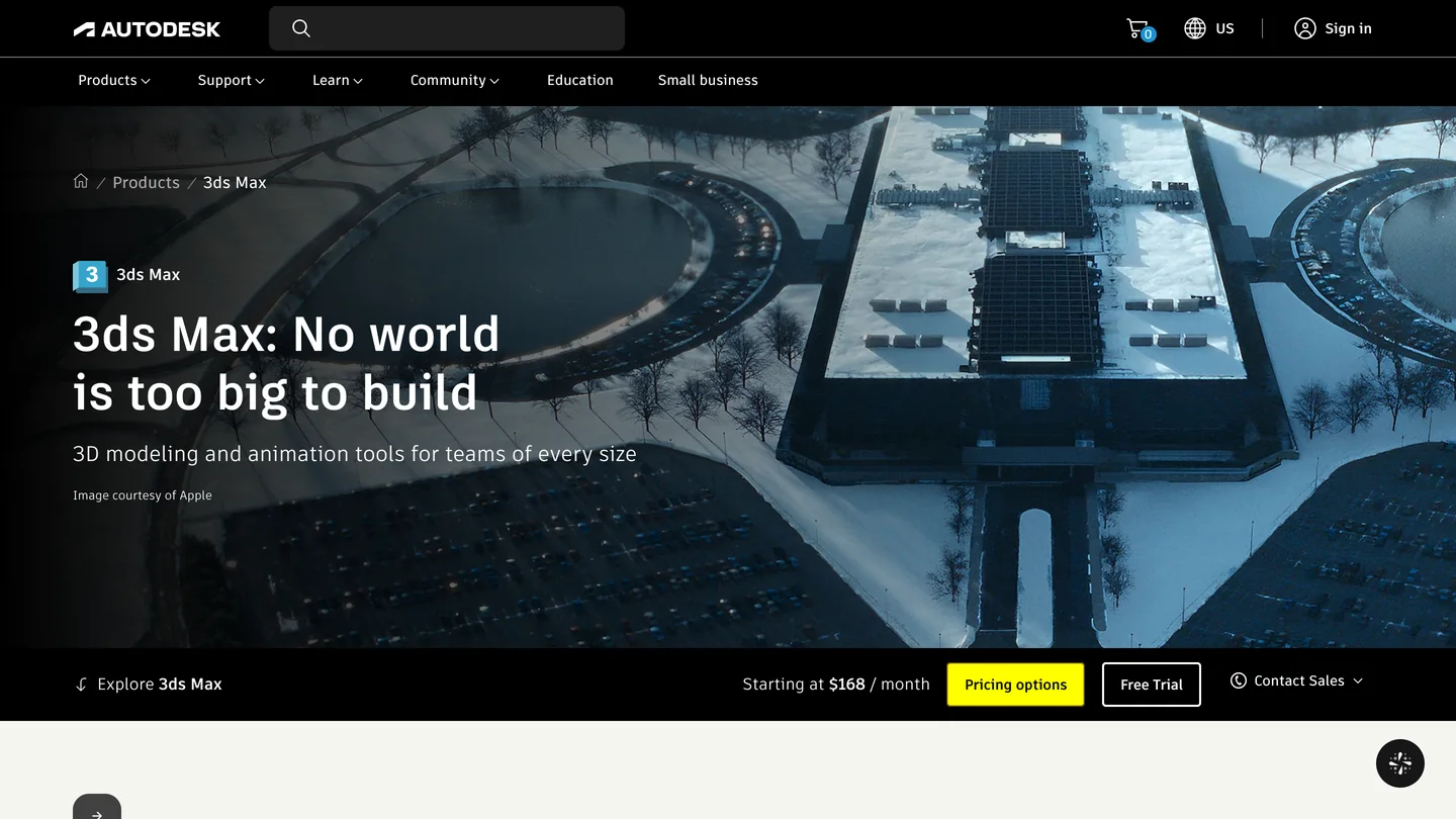 Autodesk's 3ds Max product page with the headline 3ds Max: No world is too big to build, the line 3D modeling and animation tools for teams of every size, an aerial winter render of a large building, and a bar reading Starting at $168 per month with Pricing options and Free Trial buttons