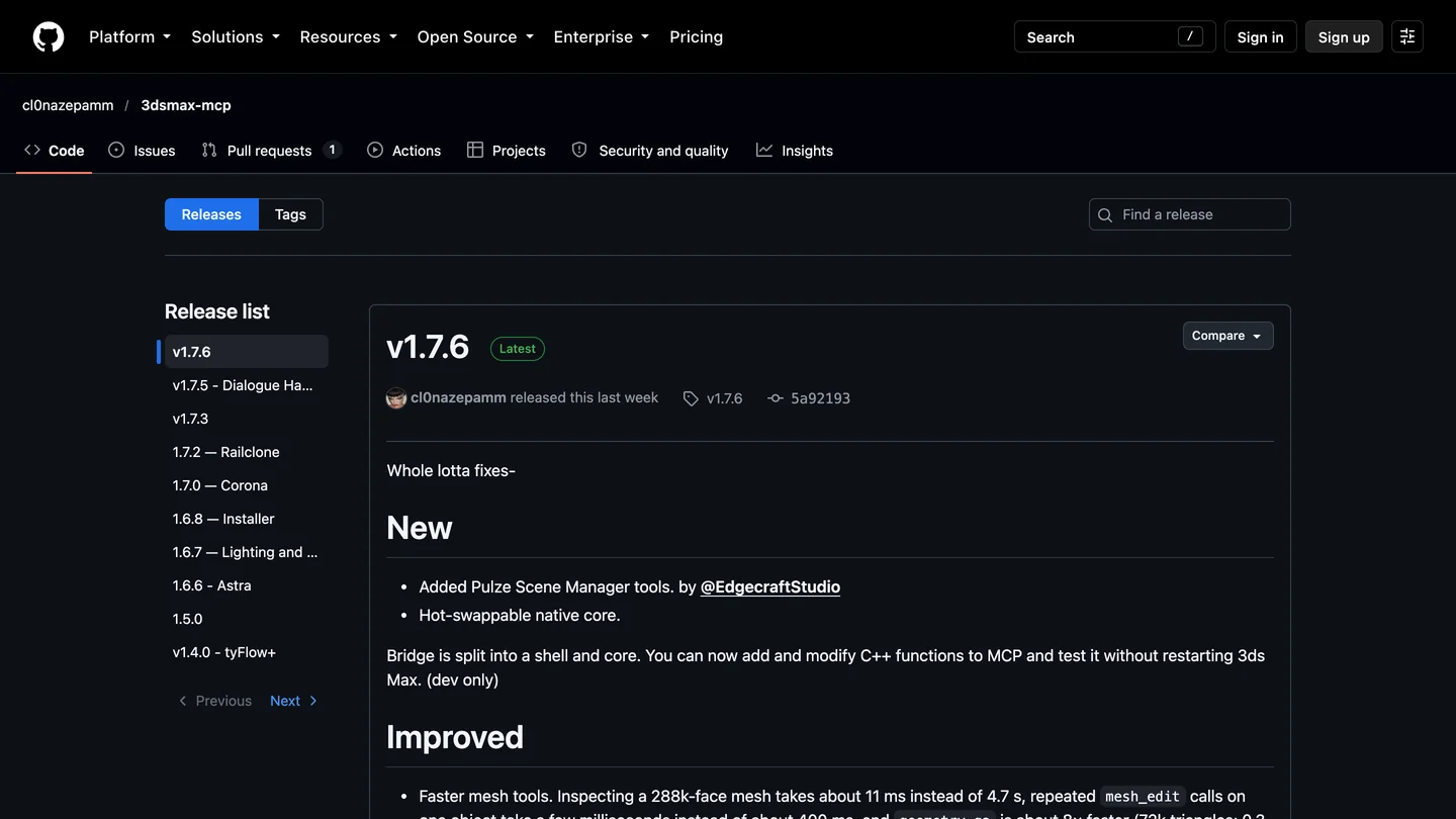 The releases page of 3dsmax-mcp showing v1.7.6 Latest with the notes Whole lotta fixes, Added Pulze Scene Manager tools and Hot-swappable native core, and a release list going back through 1.7.5, 1.7.3, 1.7.2 Railclone, 1.7.0 Corona and 1.6.8 Installer