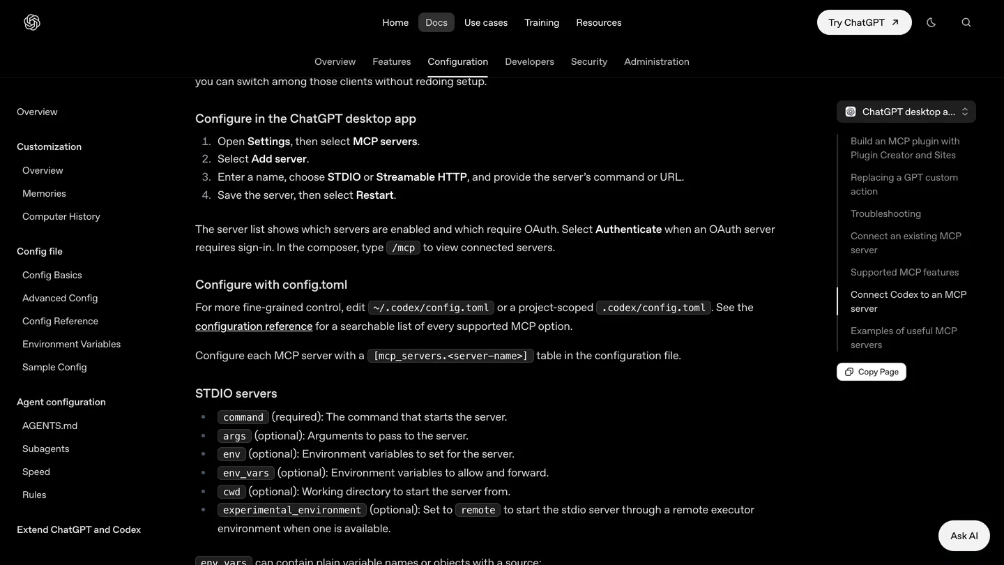 OpenAI's ChatGPT Learn page on the Model Context Protocol, section Configure in the ChatGPT desktop app: open Settings, then select MCP servers, select Add server, enter a name, choose STDIO or Streamable HTTP and provide the server's command or URL, then save and select Restart, followed by a section on configuring with config.toml