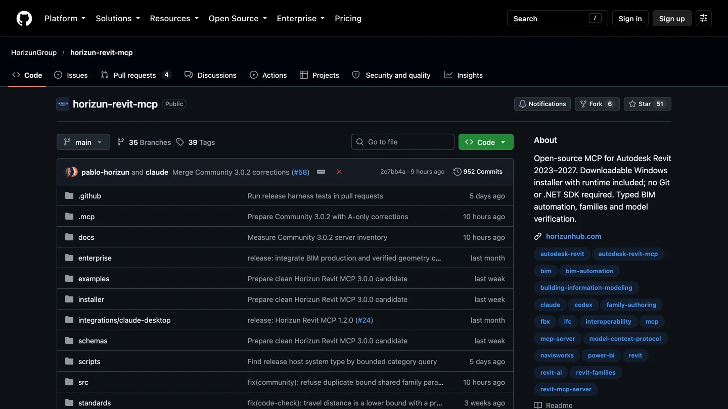 The GitHub page of HorizunGroup/horizun-revit-mcp, described as an open-source MCP for Autodesk Revit 2023 to 2027 with a downloadable Windows installer, 51 stars, 952 commits and topics including claude, codex and revit-mcp-server