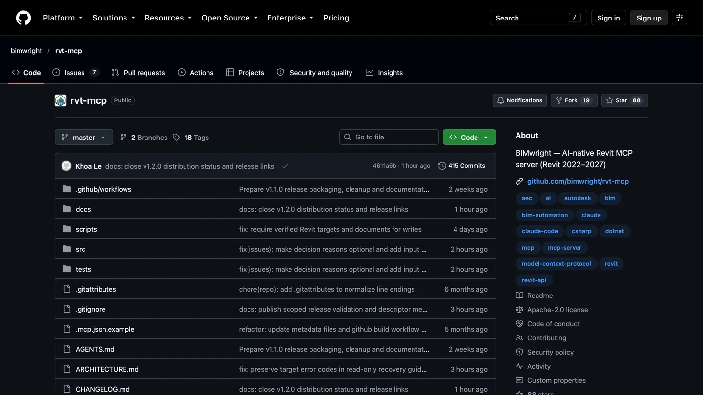 The GitHub page of bimwright/rvt-mcp, described as an AI-native Revit MCP server for Revit 2022 to 2027, with an Apache 2.0 license