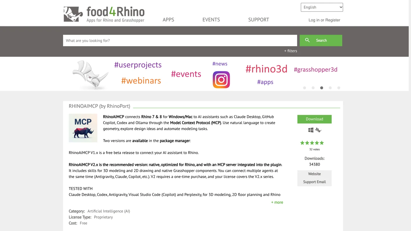 The food4rhino page for RHINOAIMCP by RhinoPort: connects Rhino 7 and 8 for Windows and Mac to AI assistants such as Claude Desktop, GitHub Copilot, Codex and Ollama; V1 is a free beta, V2 requires a one-time purchase; tested with Claude Desktop, Codex, Antigravity, Visual Studio Code and Perplexity; 34380 downloads
