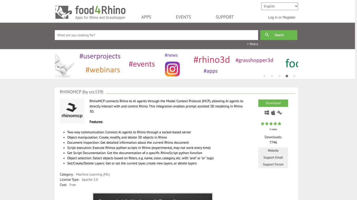 The food4rhino page for RHINOMCP by ccc159 with a Download button, 7746 downloads, a feature list including two-way communication, object manipulation, document inspection and script execution, and License Type Apache 2.0, Cost Free