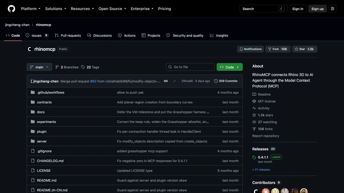 The GitHub page of jingcheng-chen/rhinomcp, described as RhinoMCP connects Rhino 3D to AI Agent through the Model Context Protocol, with 1.2k stars, 108 forks and release 0.4.1.1