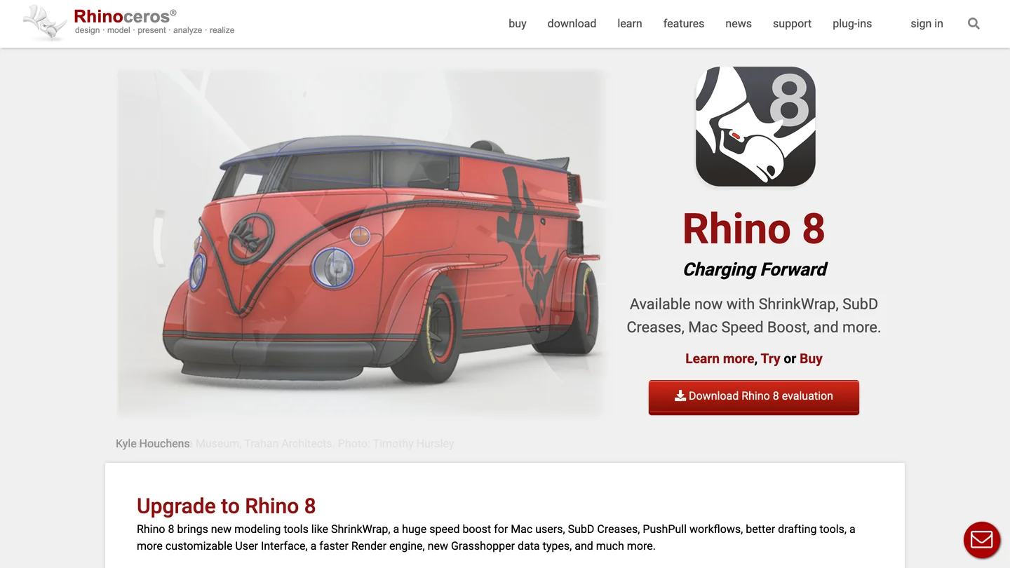 The rhino3d.com home page with the Rhinoceros logo, a red custom van render, the headline Rhino 8 Charging Forward, a line about ShrinkWrap, SubD Creases and Mac Speed Boost, and a red Download Rhino 8 evaluation button
