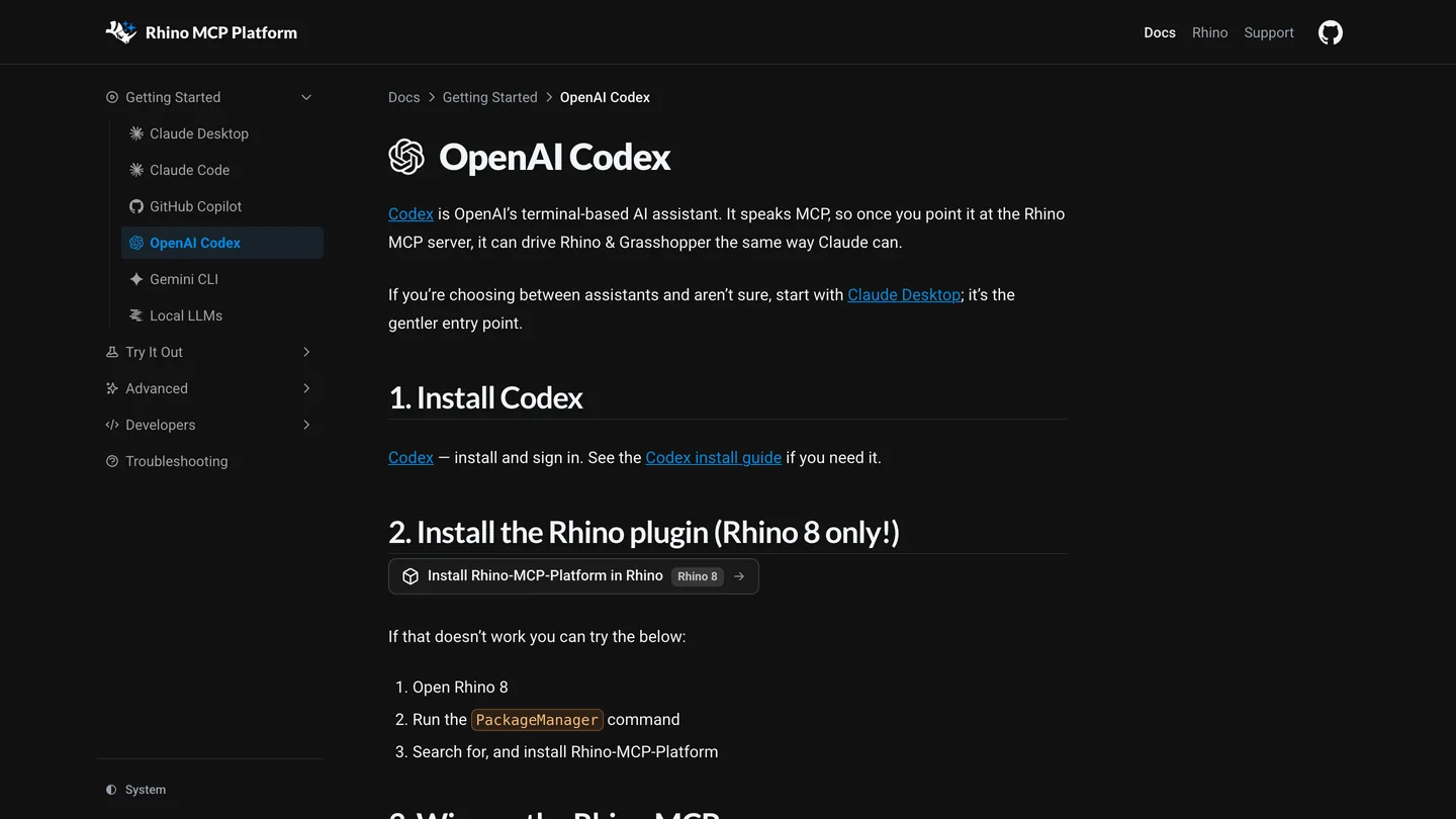 McNeel's Rhino MCP Platform documentation page for OpenAI Codex, with the steps 1. Install Codex, 2. Install the Rhino plugin (Rhino 8 only!) with an Install Rhino-MCP-Platform in Rhino button, and the PackageManager fallback