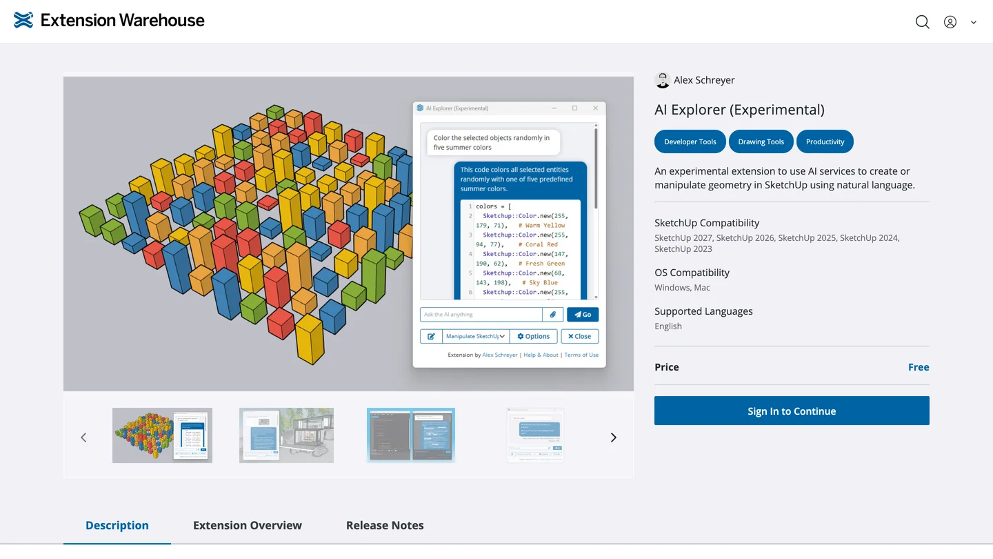 The AI Explorer (Experimental) listing on SketchUp's Extension Warehouse by Alex Schreyer, showing a colorful grid of boxes colored by an AI generated script, compatibility with SketchUp 2023 to 2027 on Windows and Mac, and a price of Free