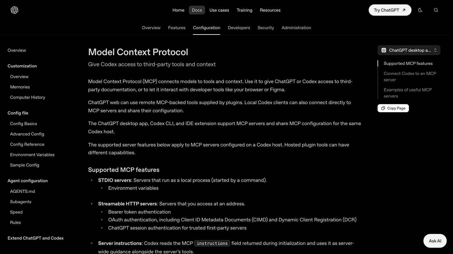 OpenAI's ChatGPT Learn page titled Model Context Protocol, Give Codex access to third-party tools and context, stating that the ChatGPT desktop app, Codex CLI and IDE extension support MCP servers, and listing STDIO servers and Streamable HTTP servers with OAuth including Dynamic Client Registration