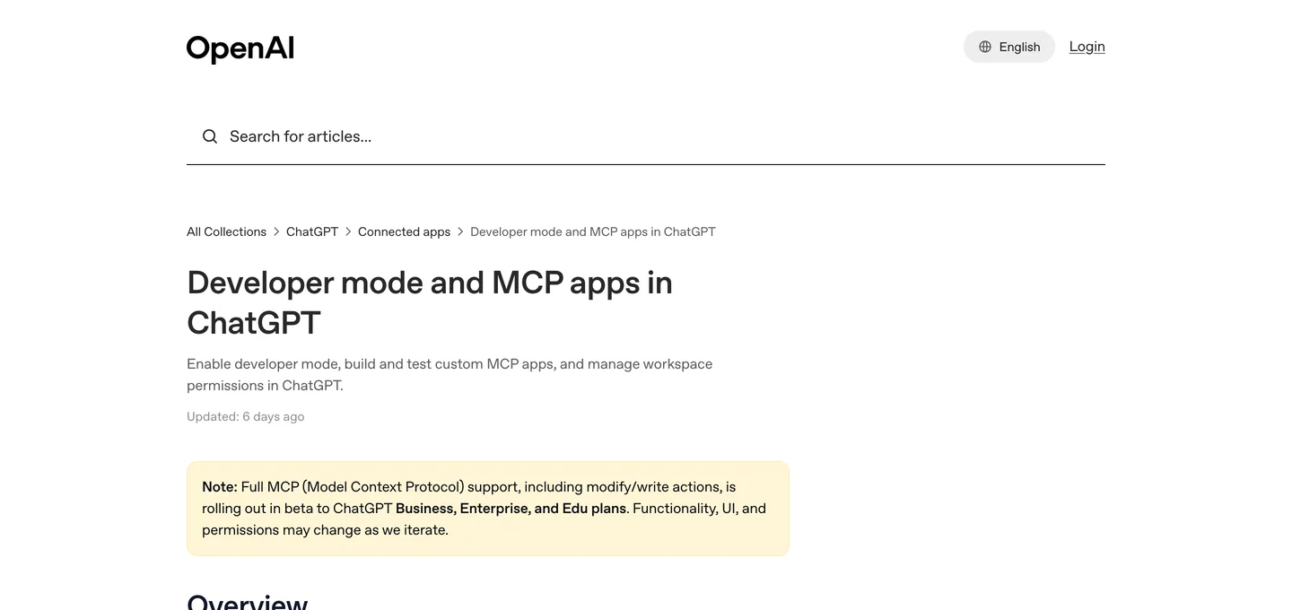 OpenAI Help Center article titled Developer mode and MCP apps in ChatGPT, with a yellow note saying full MCP support, including modify and write actions, is rolling out in beta to ChatGPT Business, Enterprise and Edu plans