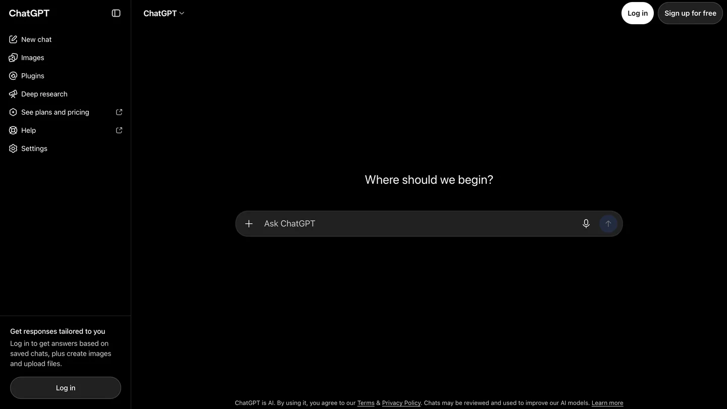 The ChatGPT home screen on chatgpt.com with the prompt Where should we begin, an Ask ChatGPT input box, and a sidebar with New chat, Images, Plugins and Deep research