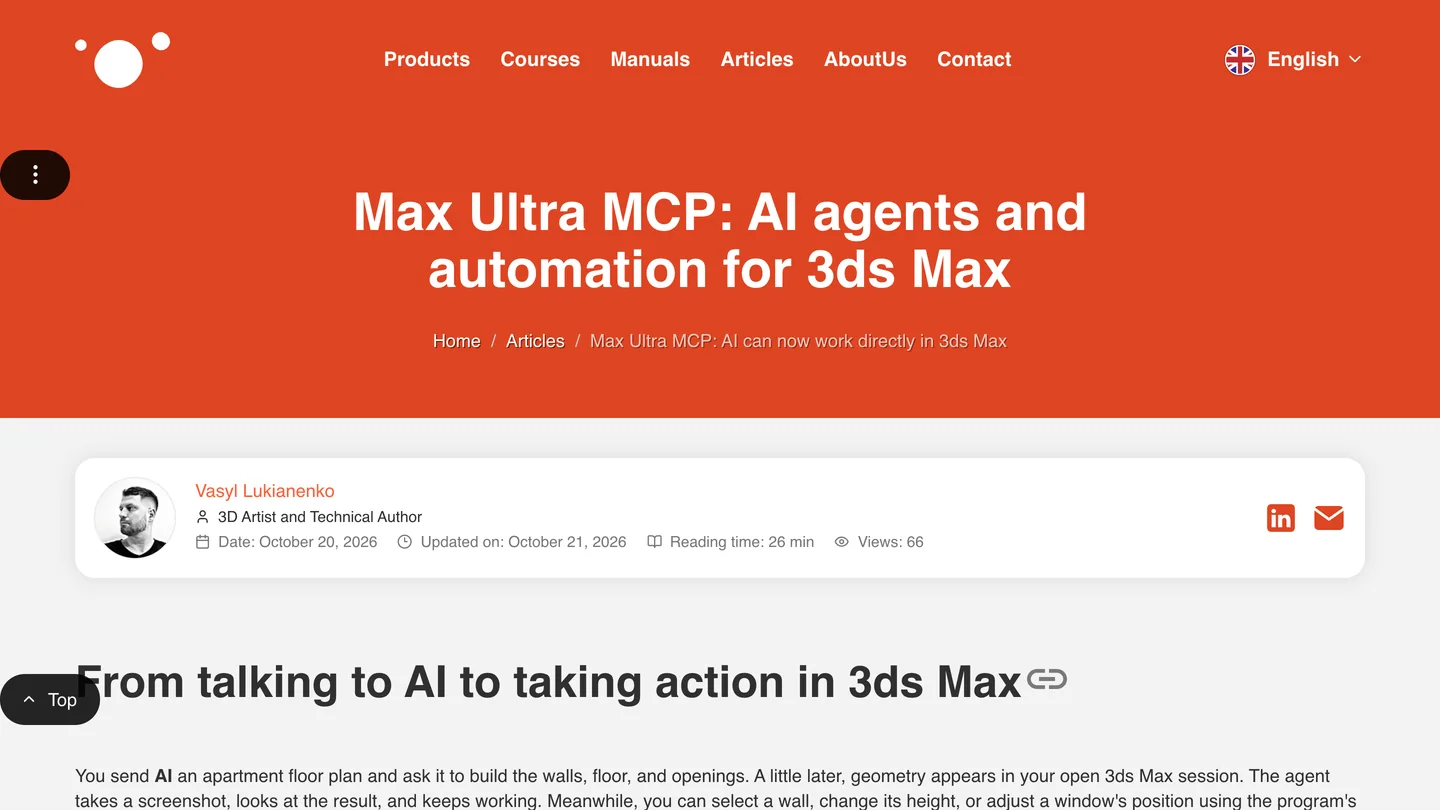 3DGROUND's article Max Ultra MCP: AI agents and automation for 3ds Max by Vasyl Lukianenko, 3D Artist and Technical Author, dated October 20, 2026 and updated October 21, 26 minute read, opening with the heading From talking to AI to taking action in 3ds Max