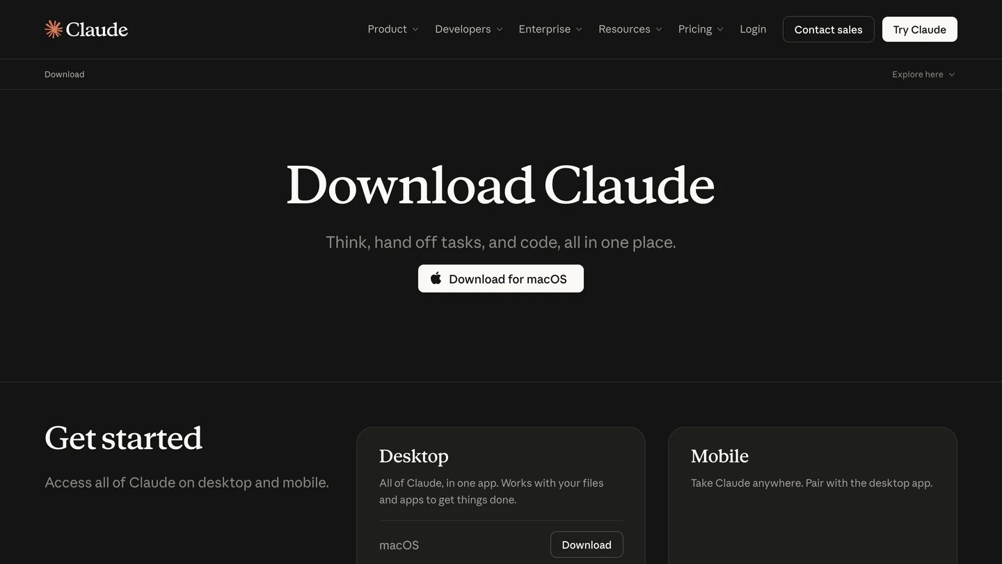 Anthropic's Download Claude page with the line Think, hand off tasks, and code, all in one place, a Download for macOS button, and cards for the Desktop and Mobile apps