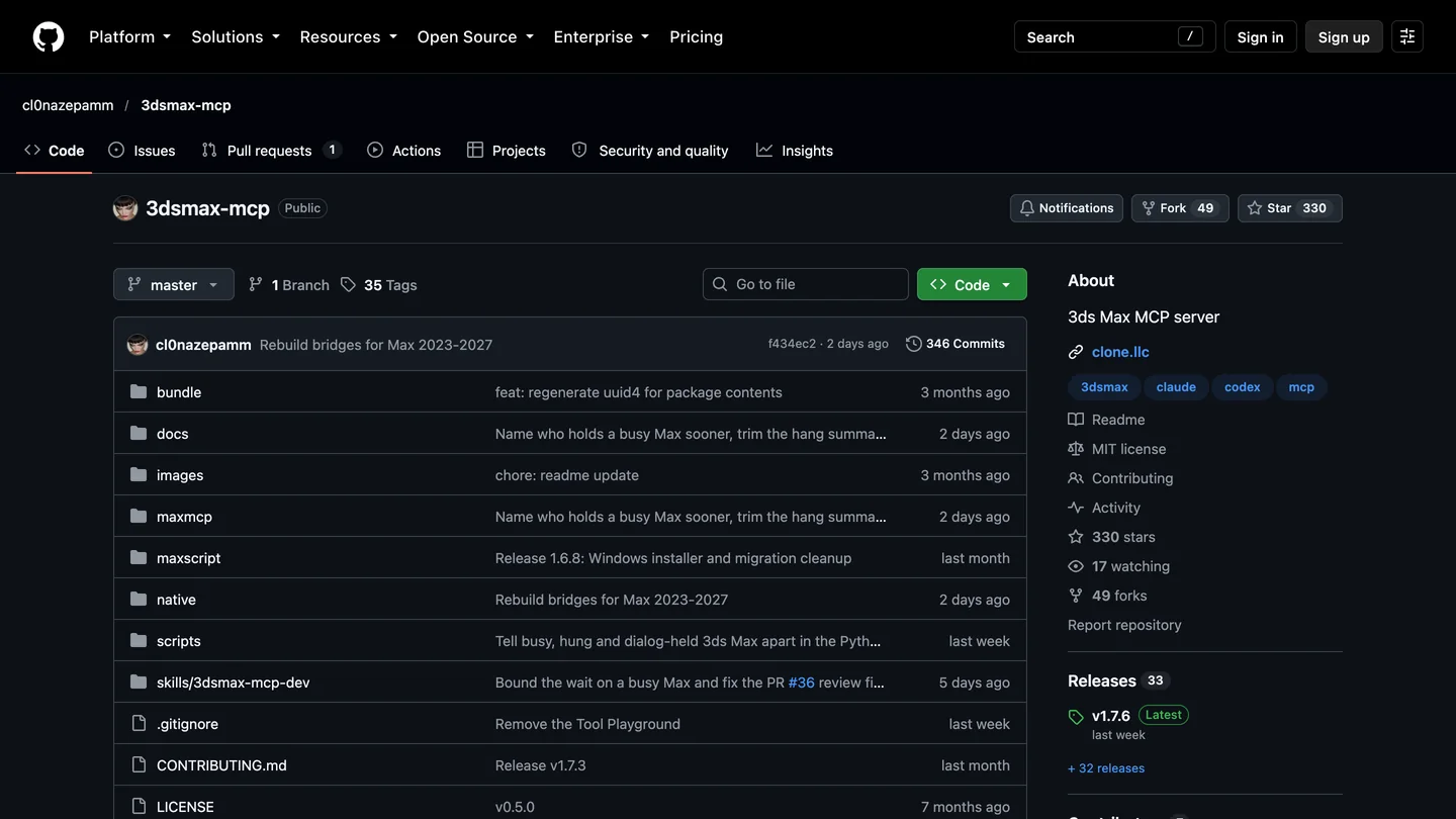 The GitHub page of cl0nazepamm/3dsmax-mcp, described as 3ds Max MCP server, with 330 stars, 49 forks, 346 commits, an MIT license, the topics 3dsmax, claude, codex and mcp, and release v1.7.6 marked Latest