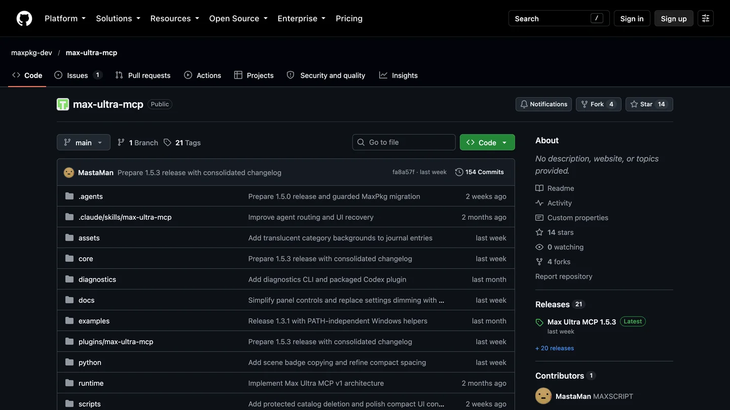The GitHub page of maxpkg-dev/max-ultra-mcp with 14 stars, 4 forks, 21 tags and release Max Ultra MCP 1.5.3, folders including core, plugins/max-ultra-mcp and python, and No description, website, or topics provided