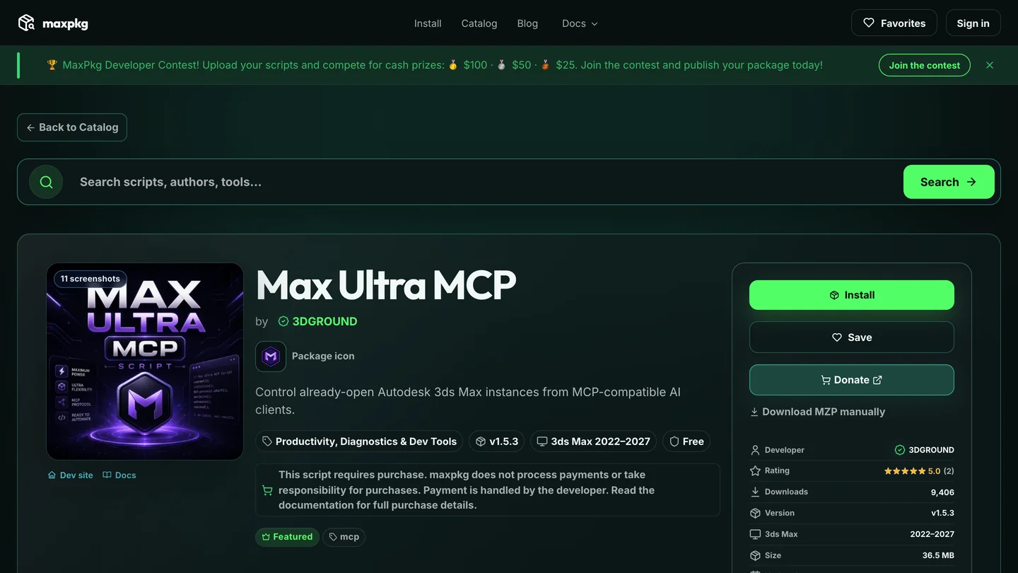 The MaxPkg catalog page for Max Ultra MCP by 3DGROUND: Control already-open Autodesk 3ds Max instances from MCP-compatible AI clients, version 1.5.3, 3ds Max 2022 to 2027, Free, a note that the script requires purchase, an Install button, a 5.0 rating from 2 votes and 9,406 downloads