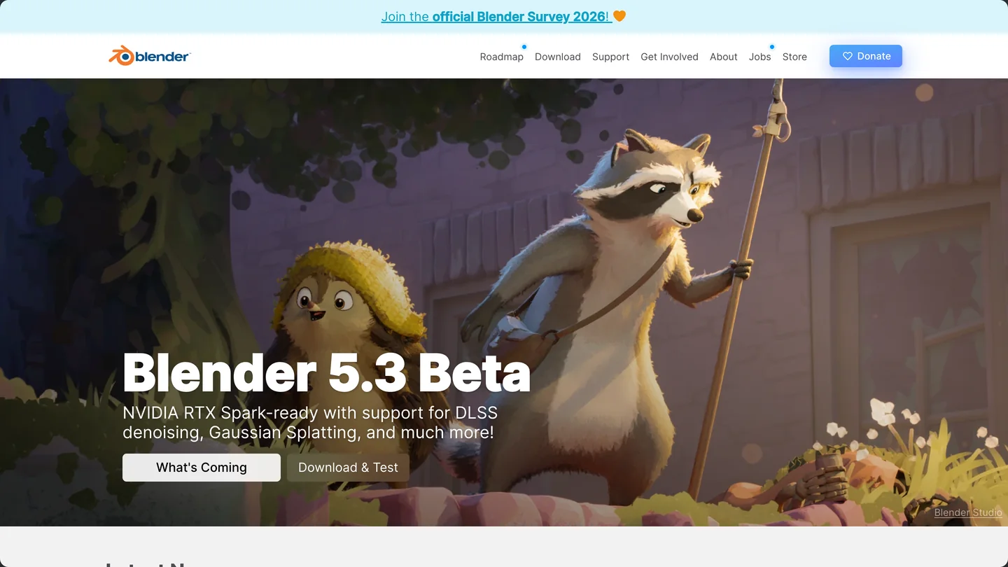 The blender.org homepage announcing Blender 5.3 Beta, with an animated raccoon character and What's Coming and Download and Test buttons