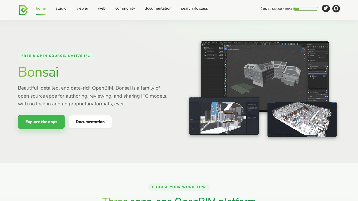 The Bonsai homepage, Free and open source, native IFC, with screenshots of Blender showing an IFC building model, a cut away section of a house and a dense floor plan model