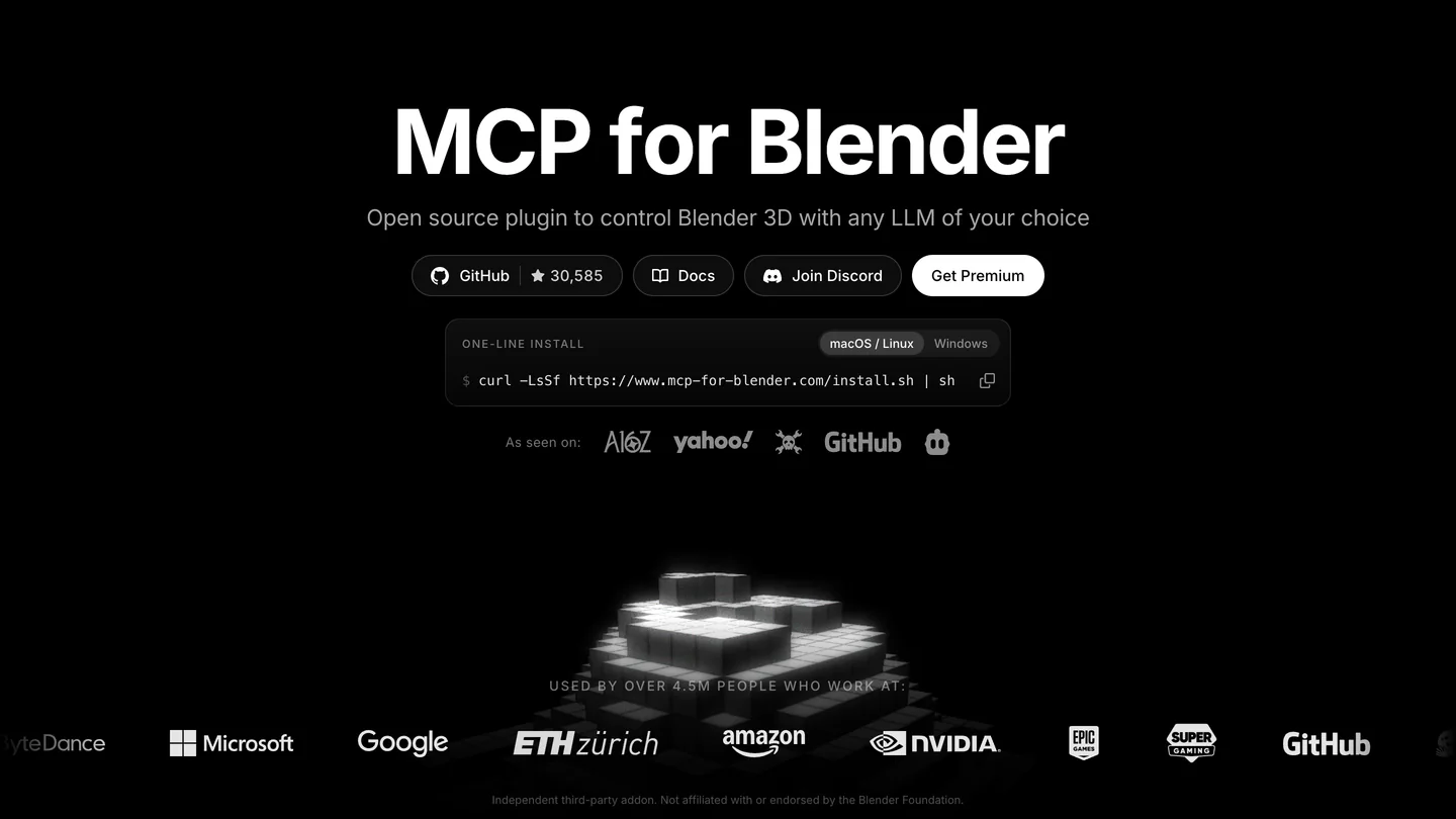 The MCP for Blender homepage: Open source plugin to control Blender 3D with any LLM of your choice, a GitHub button showing 30,585 stars, and a one line install command