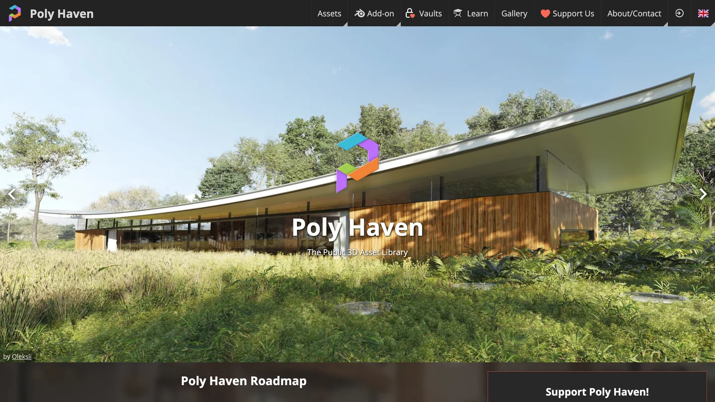 The Poly Haven homepage, The Public 3D Asset Library, over a render of a modern house with a timber facade and a long flat roof in a meadow