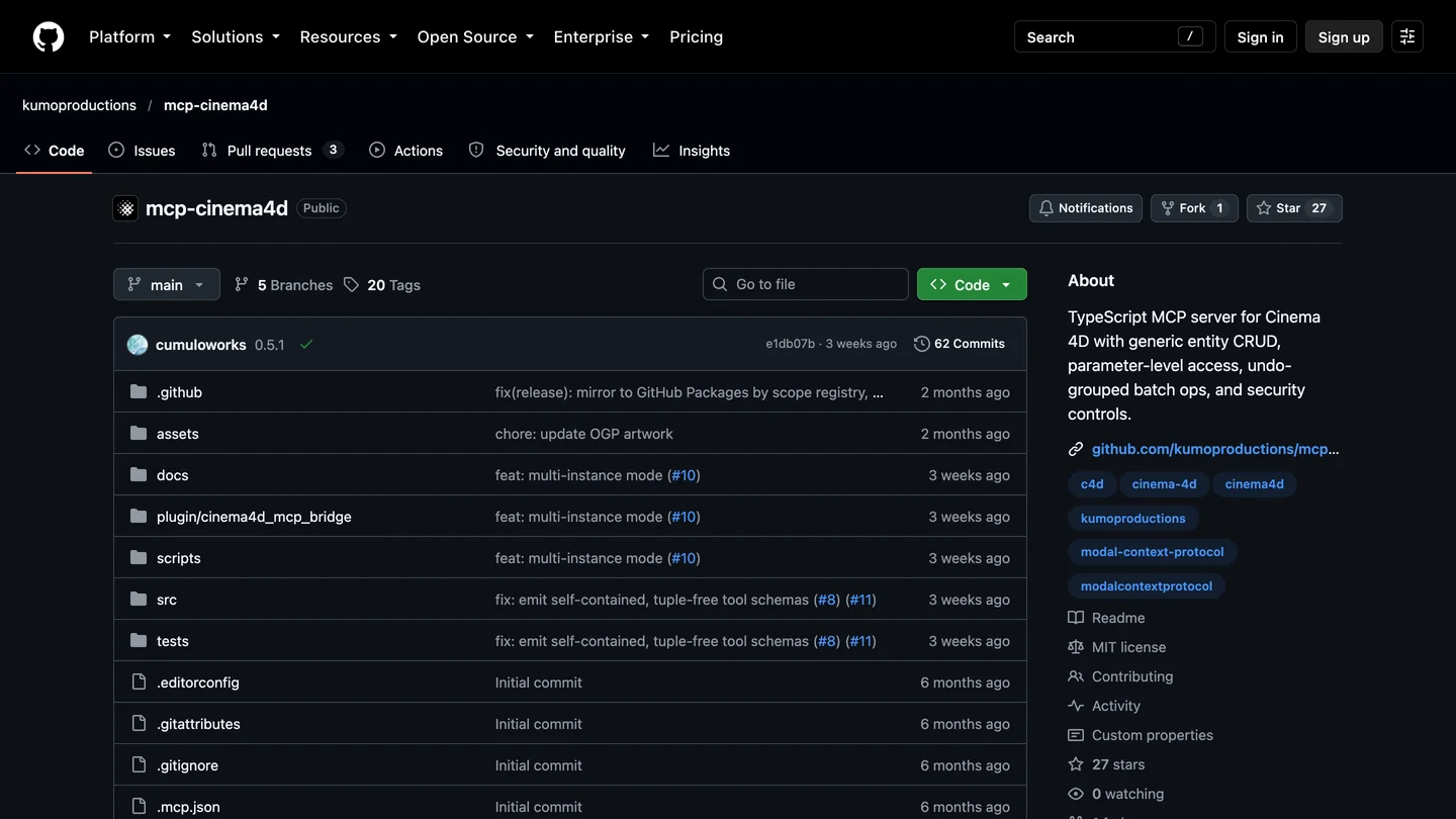 The GitHub page of kumoproductions/mcp-cinema4d, a TypeScript MCP server for Cinema 4D with generic entity CRUD, parameter-level access, undo-grouped batch ops and security controls, with 27 stars, 20 tags, an MIT license and folders including plugin/cinema4d_mcp_bridge