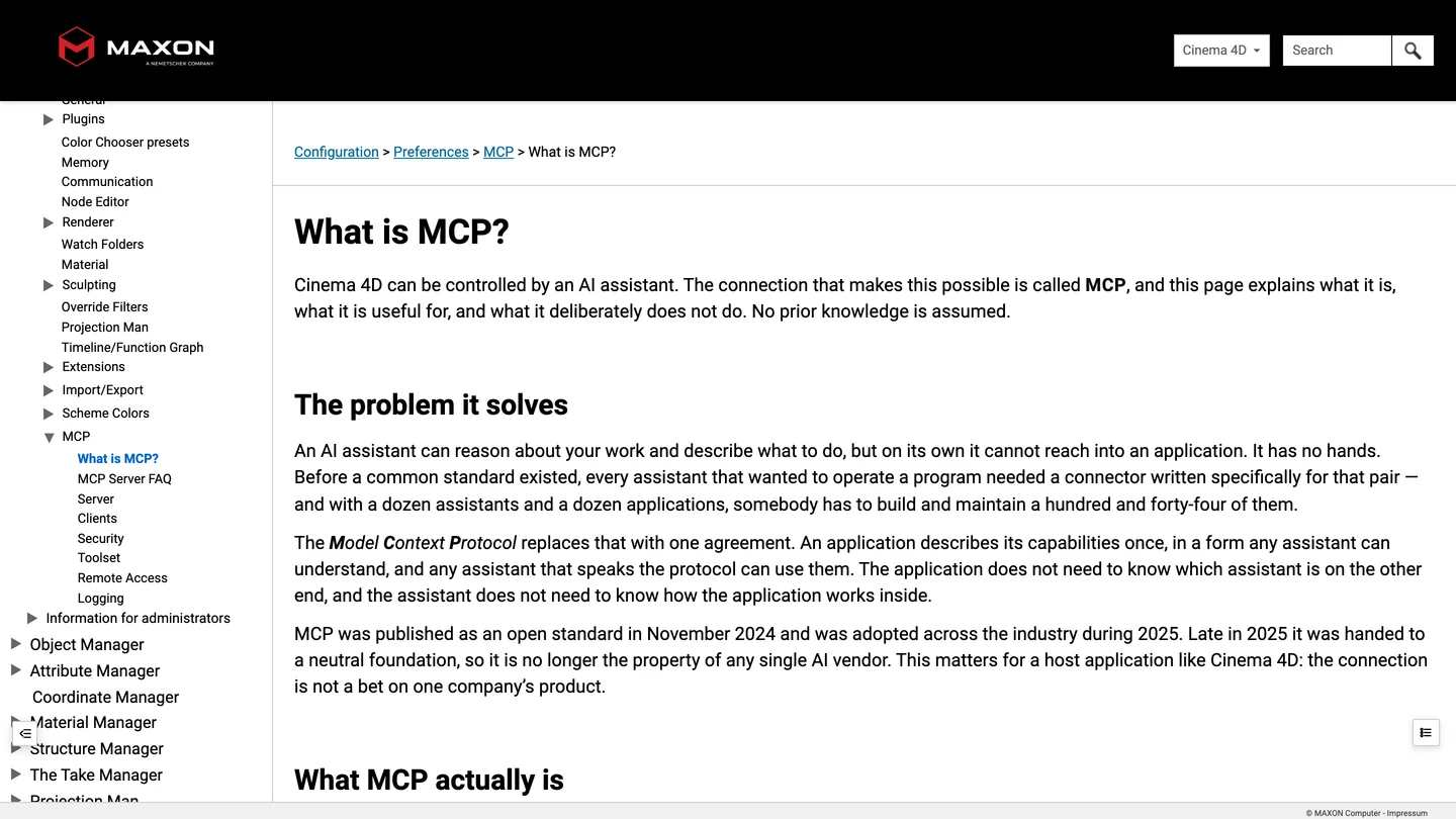 Maxon's Cinema 4D help page What is MCP?, under Configuration, Preferences, MCP, with sections The problem it solves and What MCP actually is, and a sidebar listing the MCP pages: What is MCP?, MCP Server FAQ, Server, Clients, Security, Toolset, Remote Access and Logging