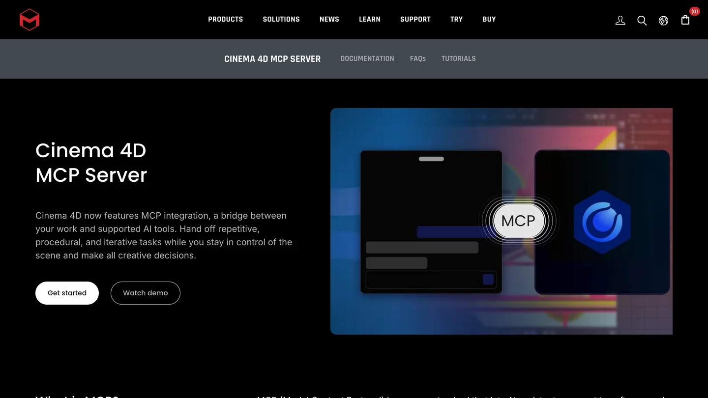 Maxon's Cinema 4D MCP Server page with the line Cinema 4D now features MCP integration, a bridge between your work and supported AI tools, Get started and Watch demo buttons, and an illustration of an MCP badge between a chat window and the Cinema 4D logo