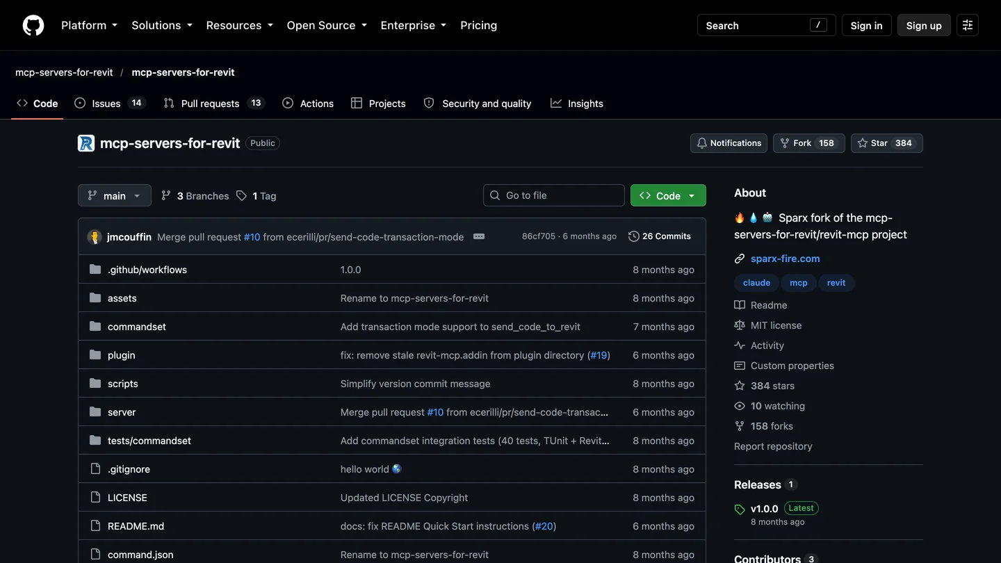 The GitHub page of mcp-servers-for-revit/mcp-servers-for-revit, described as a fork of the revit-mcp project, with an MIT license, 384 stars, 158 forks and release v1.0.0