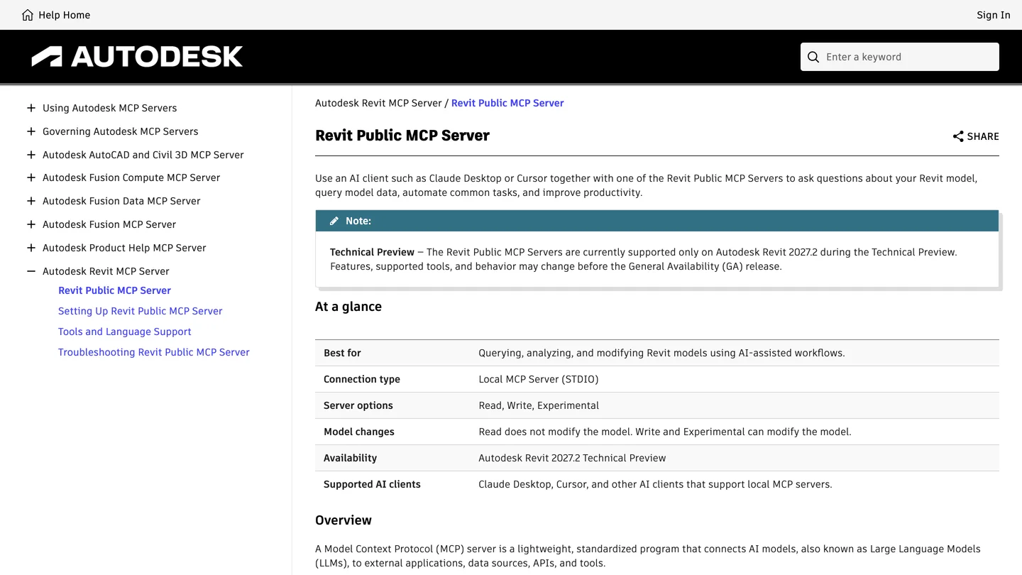 Autodesk's help page titled Revit Public MCP Server, with a Technical Preview note saying the servers are supported only on Autodesk Revit 2027.2, and an At a glance table: connection type Local MCP Server (STDIO), server options Read, Write, Experimental, supported AI clients Claude Desktop, Cursor and other AI clients that support local MCP servers